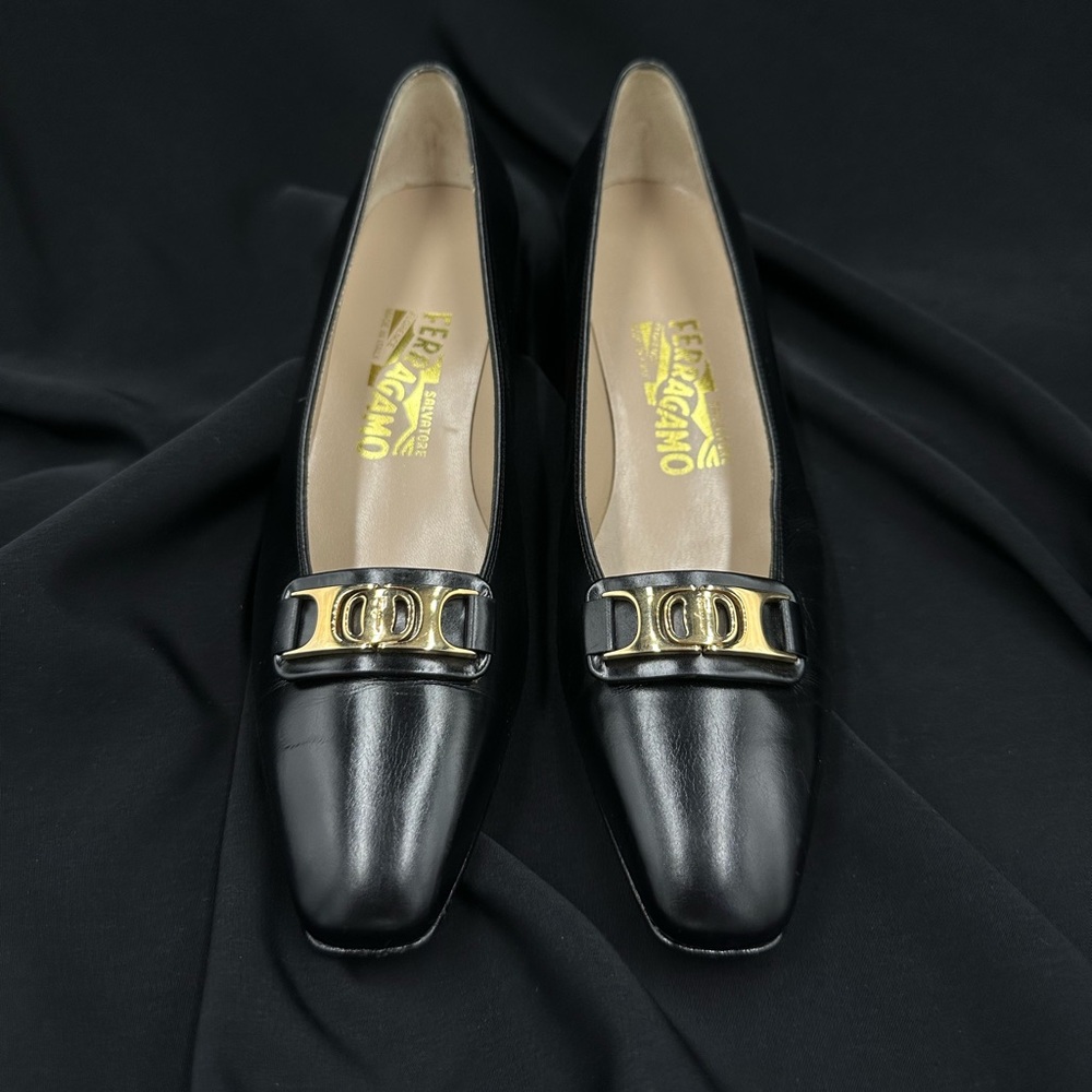 Salvatore Ferragamo Black Leather Low Heel Pumps Shoes